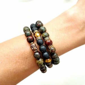 Stylowa męska bransoleta z kamieni naturalnych lawa, tygrysie oko i hematyt, idealna biżuteria dla biznesmenów i liderów, unikalny design.