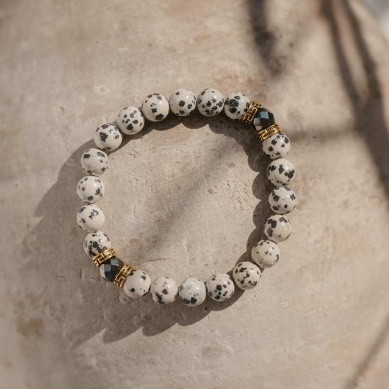 Bransoletka męska Guardian z jaspisu dalmatyńskiego i hematytu – odkryj swoją siłę i wewnętrzny spokój.