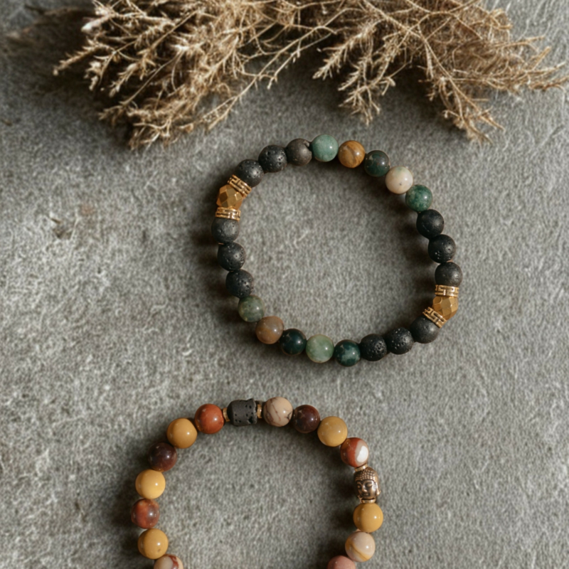 Poznaj duet: bransoleta męska z agatu indyjskiego (Puls Ziemi) i bransoleta z mookaitu — stylowy prezent dla niego.